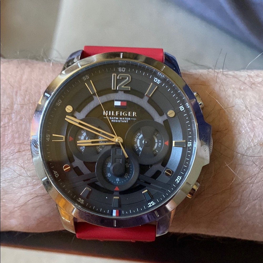 NWT Tommy Hilfiger $175 Men's Water Resistant Stainless Steel Watch Red Strap